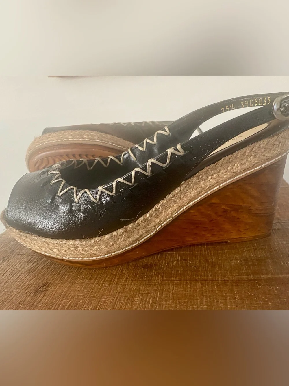 Black Leather Espadrille Wedge Slingback Sandals